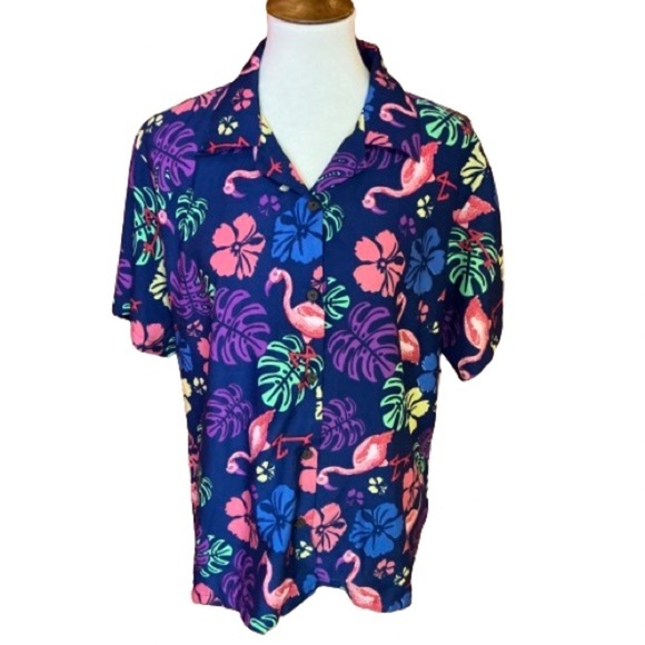 Bright flamingos and flowers Hawaiian  shirt - Picture 1 of 10